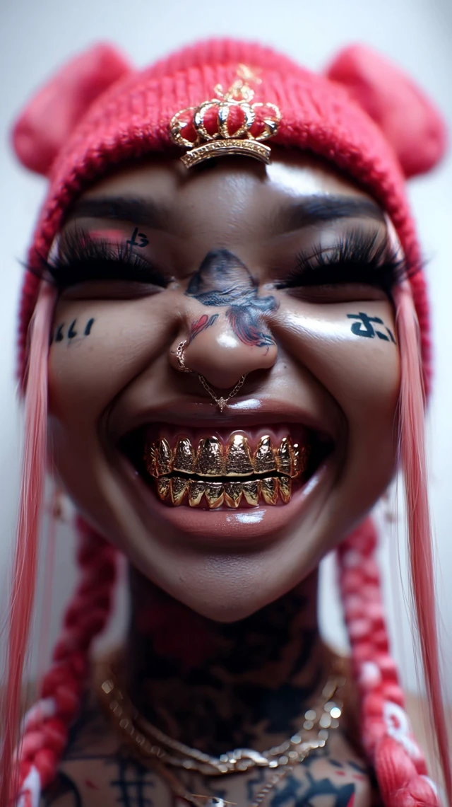 Pink Haired Girl with Gold Teeth Crown Face Tattoo