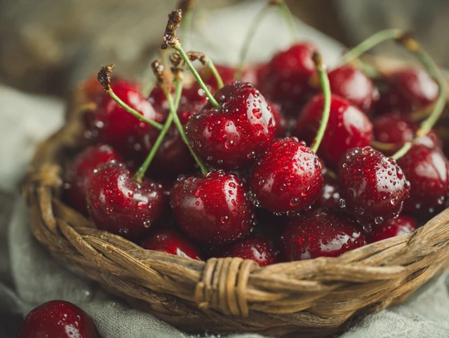 Fresh Cherries in Woven Basket Close Up