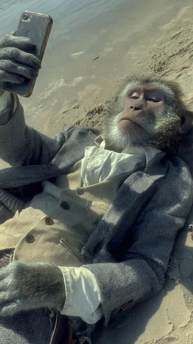 Monkey in Suit Takes Beach Selfie iPhone Video
