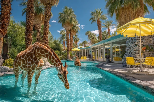 Giraffes Palm Springs Poolside Surreal Scene