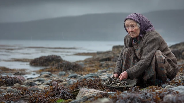 Scottish Woman Collecting Mussels on Isle of Arran