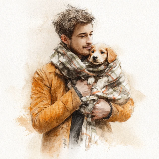 Man and Puppy Watercolor Clipart
