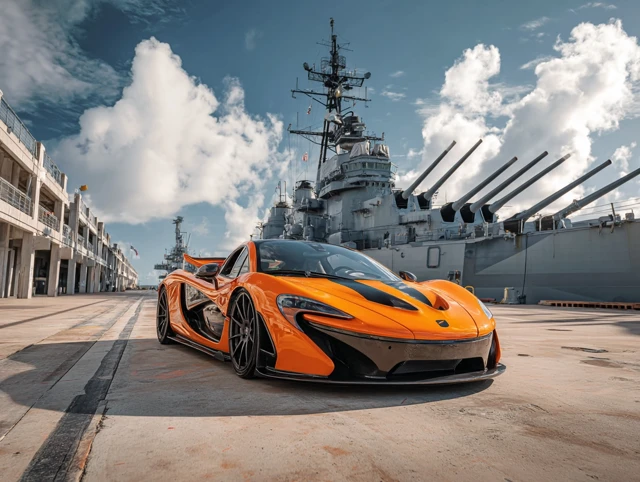 Orange McLaren P1 and Battleship US Pier Photo