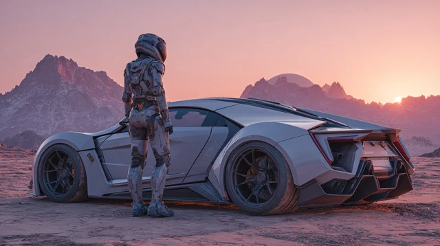 Futuristic Woman on Mars with Sports Car