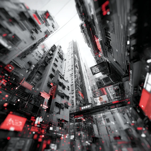 Cyberpunk City Street with Glitch Art and Red Accents