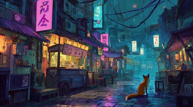 Cyberpunk Fox in a Rainy Japanese Market