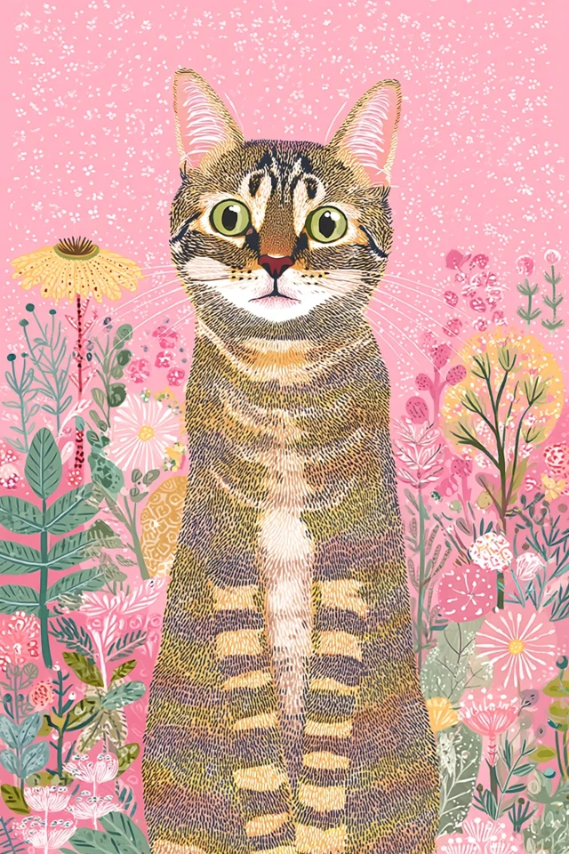 Happy Tabby Cat Folk Art Illustration