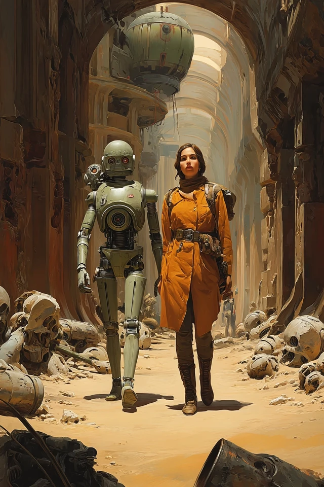 Retro SciFi Explorer and Robot in Alien City