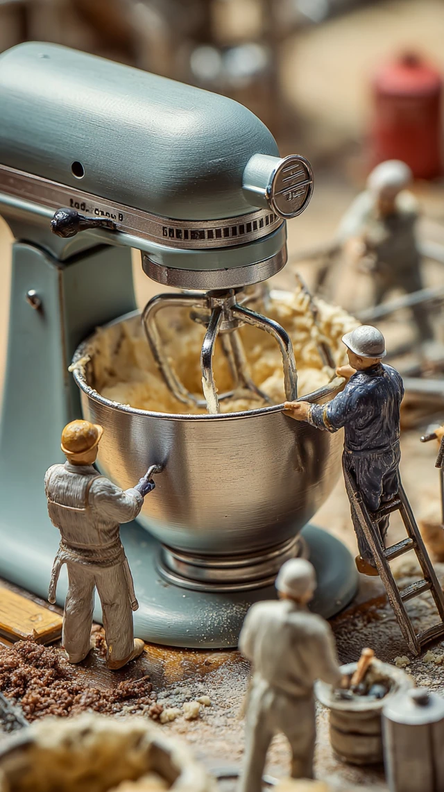 Miniature Bakers Mixing Dough Realistic Details