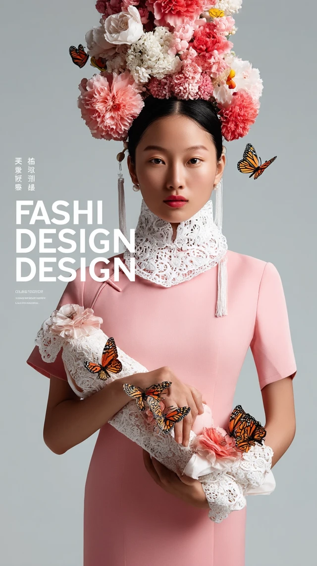Fashion Design: Woman in Cheongsam with Butterflies