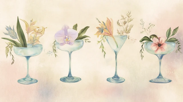 Watercolor Cocktail Glasses with Floral Decorations