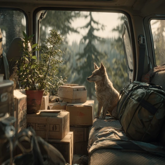 Dog in Car Moving Day Journey