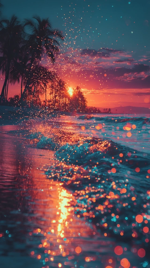Sunset Beach with Palm Trees Bokeh Photo