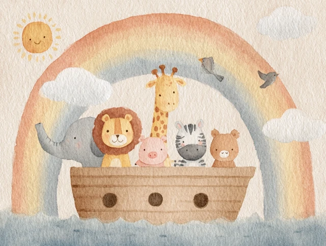 Noahs Ark Watercolor Painting with Animals and Rainbow