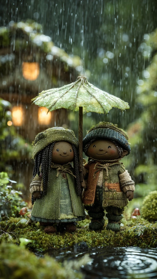 Gnome Couple in Forest Rain Charming Illustration