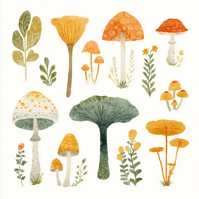 Cozy Farm Mushrooms Watercolor Illustration