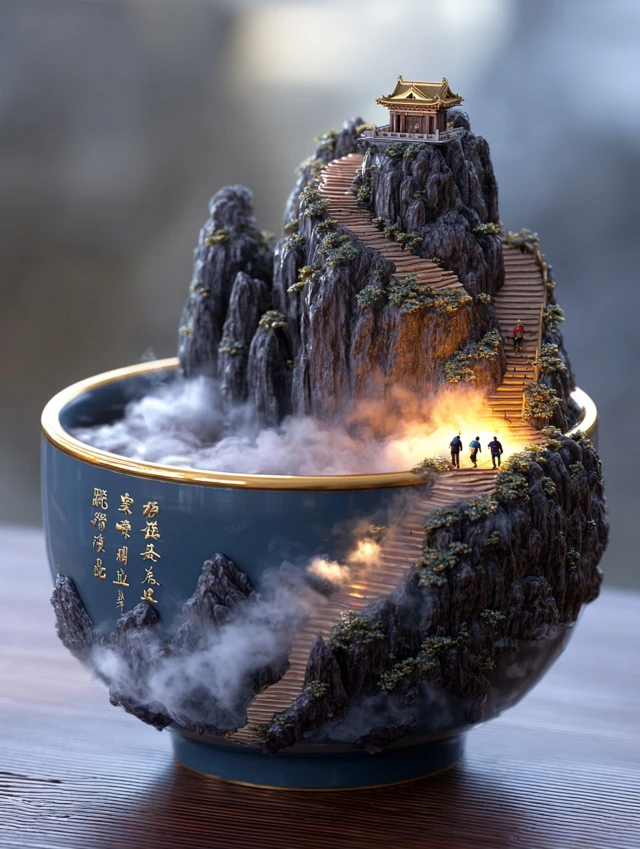 Miniature Mountain Tea Cup Landscape with Golden Light