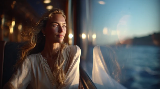 Elegant Woman on Ferry Watching Sunset
