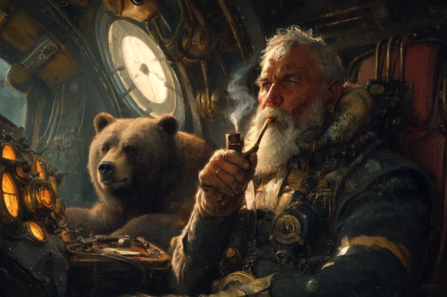 Steampunk Mech Pilot and Bear Copilot Oil Painting