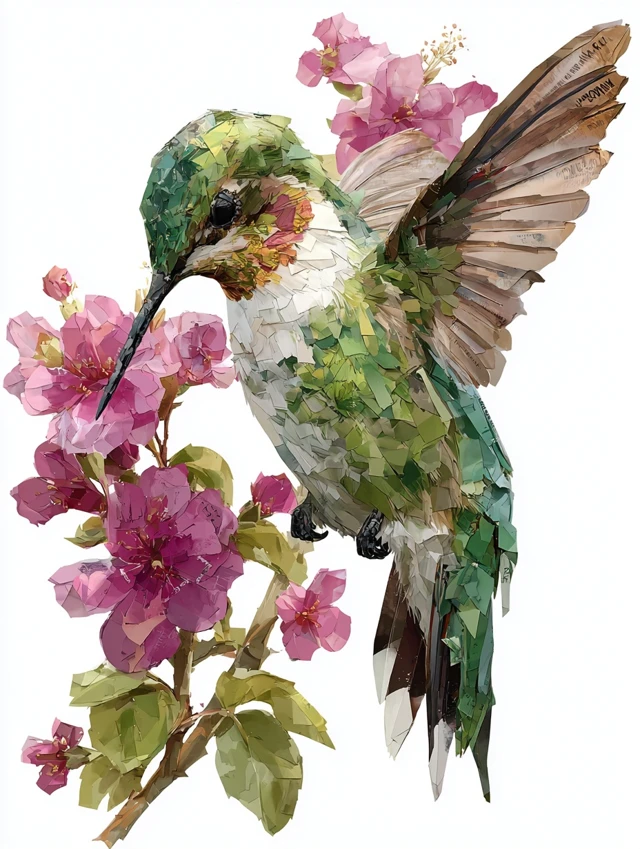 Hummingbird Art Paper Collage Pink Flowers