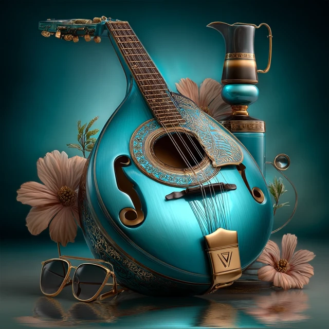 Greek Bouzouki Artwork Light Blue Tones Pattern