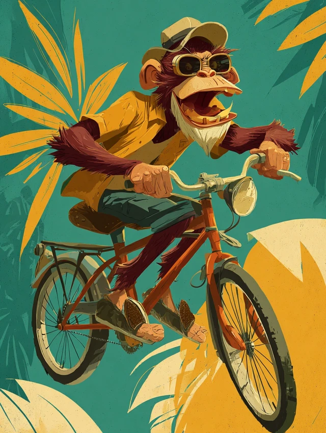 Monkey Riding Bike Funny Illustration