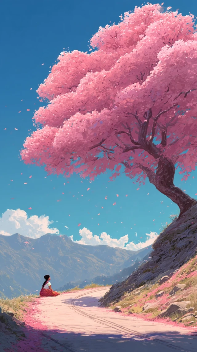 Anime Mountain Road: Cherry Blossoms, Woman, and Sunshine