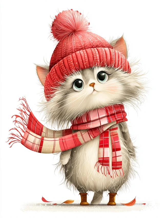 Cute Kitten in Hat and Scarf Illustration