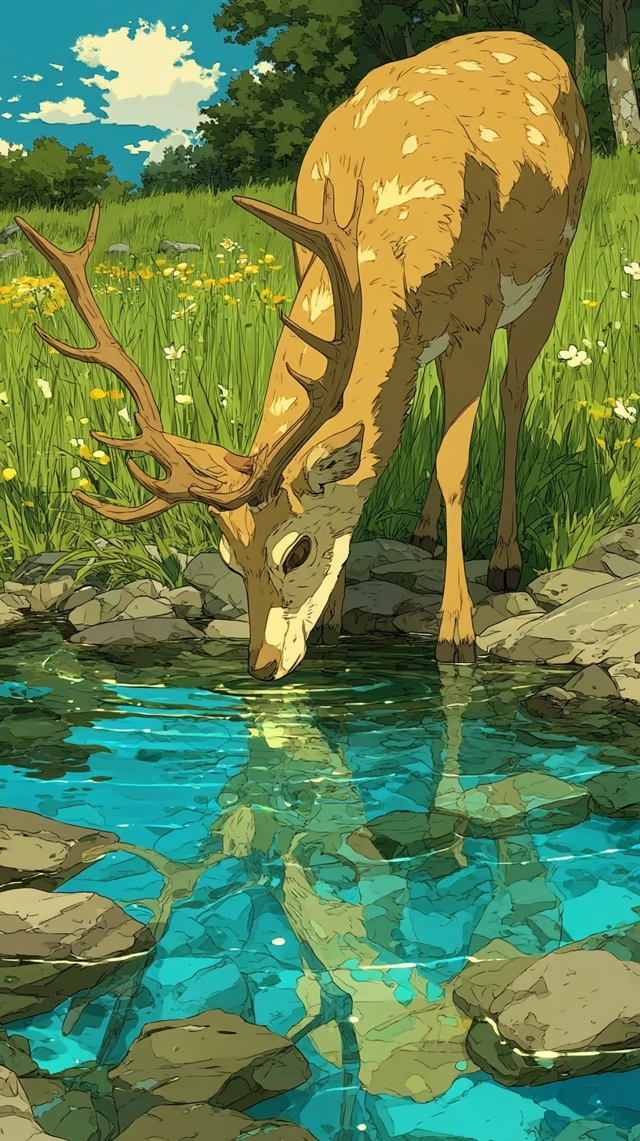 Anime Deer Drinking from Stream