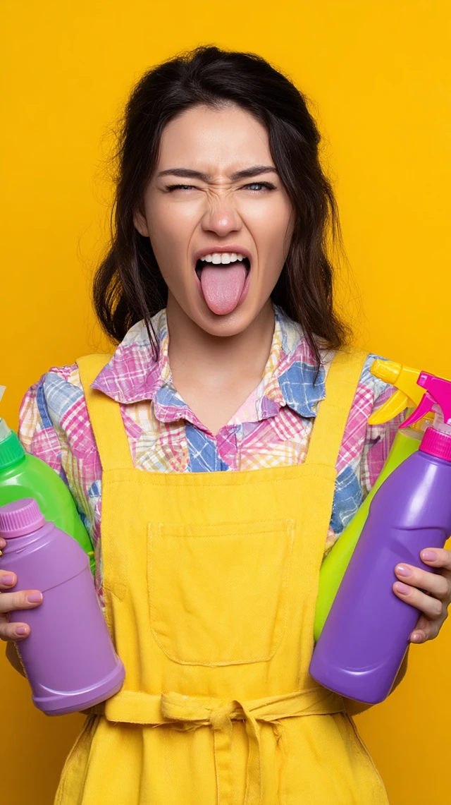 Woman Making Funny Face Holding Cleaning Products