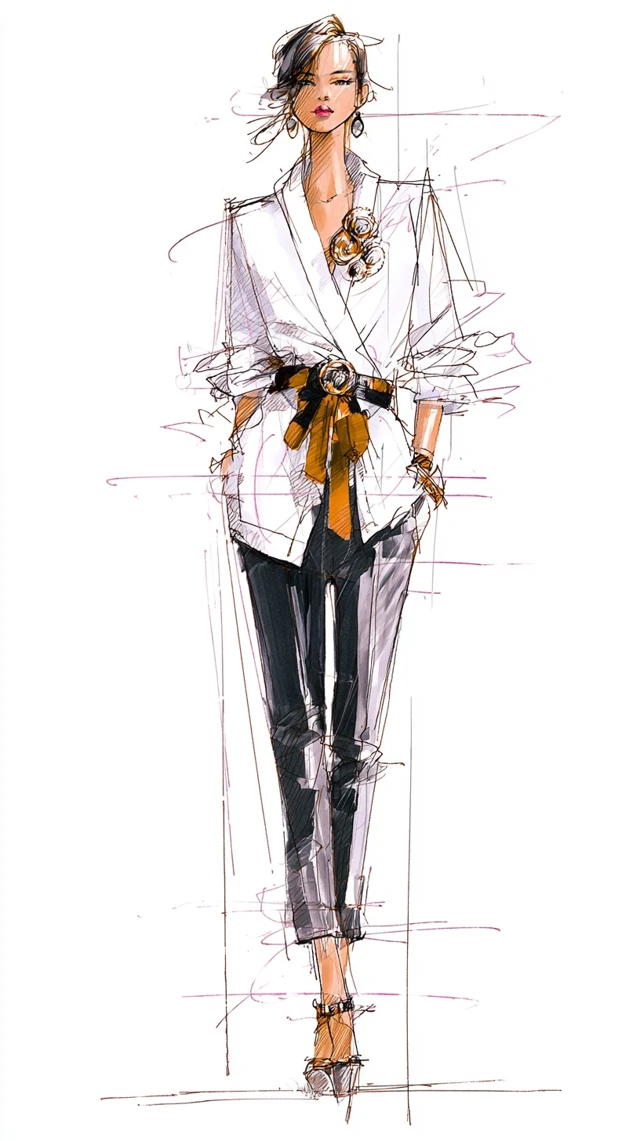 Fashion Illustration Hand Drawn Model in Modern Outfit