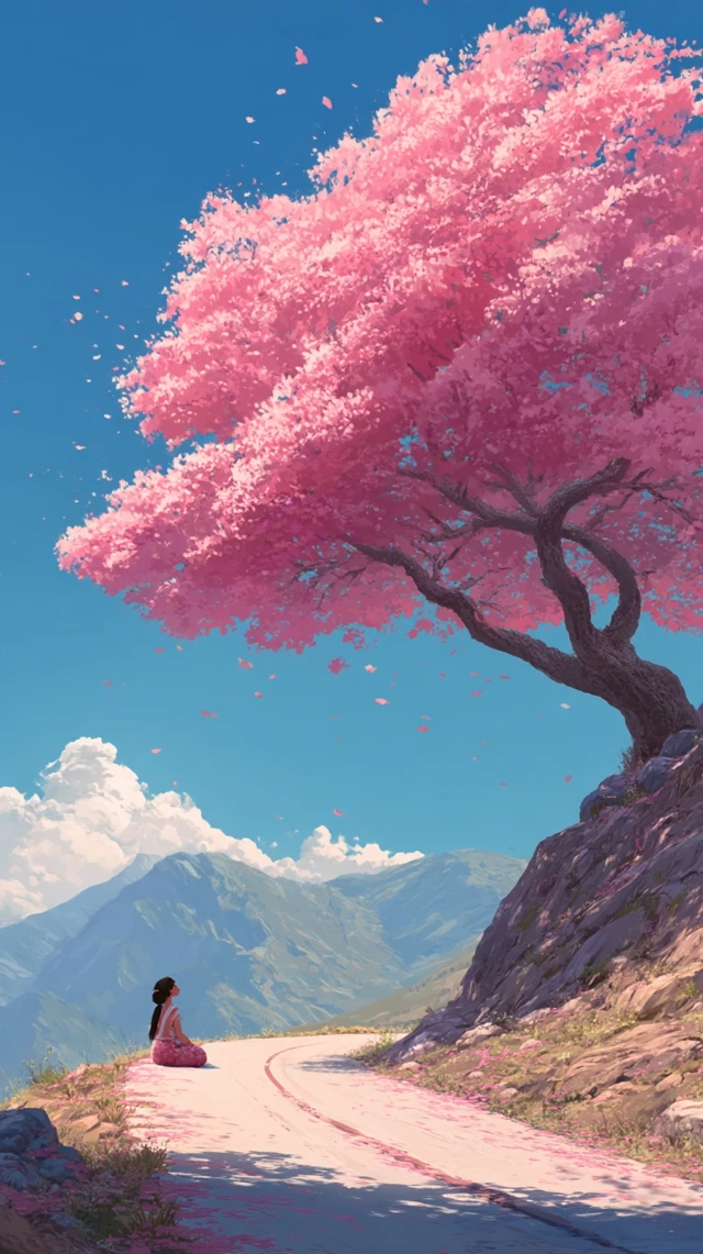 Anime Mountain Road: Cherry Blossoms, Woman, and Sunshine