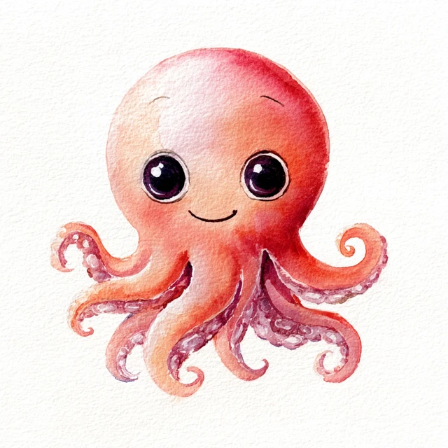 Cute Cartoon Octopus Watercolor Illustration