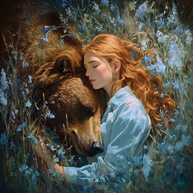 Fantasy Woman and Bear Meadow Painting