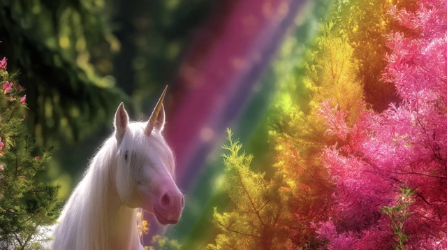Magical Unicorn in a Rainbow Forest