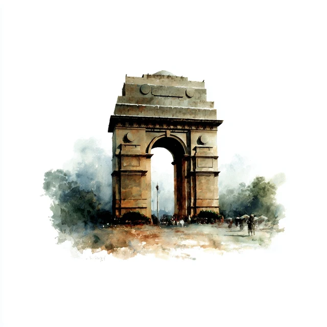 India Gate Watercolor Painting on White Background