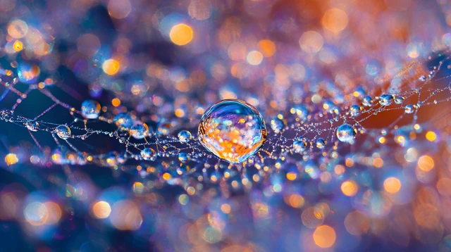 Water Droplet on Spiderweb Blue Orange Hues