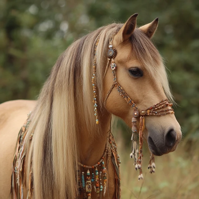 Boho Horse Hippie Pony Tan with Ribbons Beads