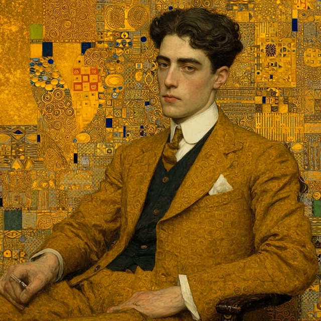 Handsome Man Portrait in Oil Painting Gold Background