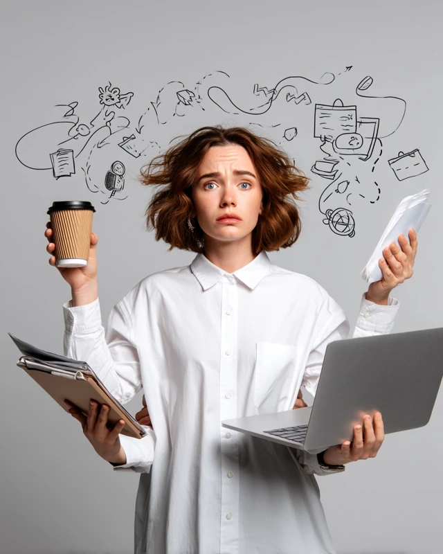 Overwhelmed Woman Multitasking Cartoon Illustration