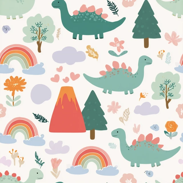 Dinosaur Pattern for Kids with Volcano Flowers and Rainbow