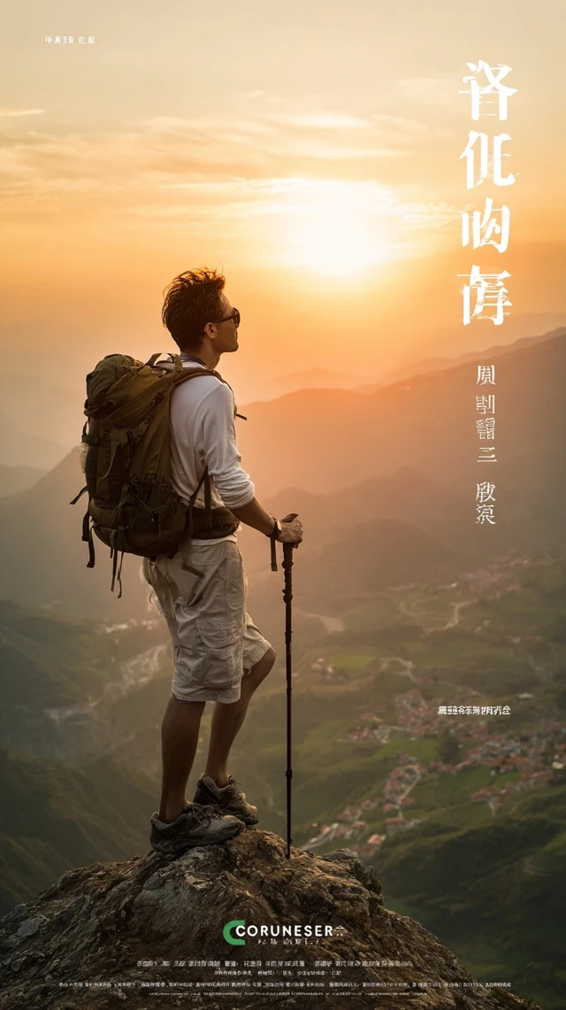 Adventurous Man Hiking on Mountain Sunset