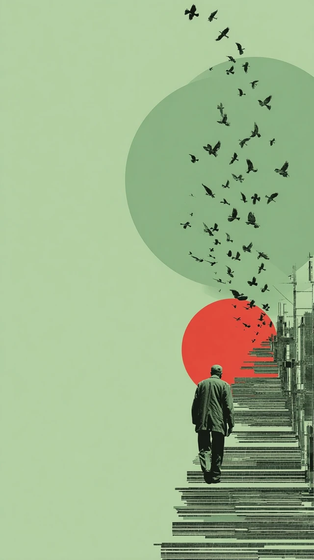 Minimalist Art Man Climbing Stairs Birds Pastel Colors