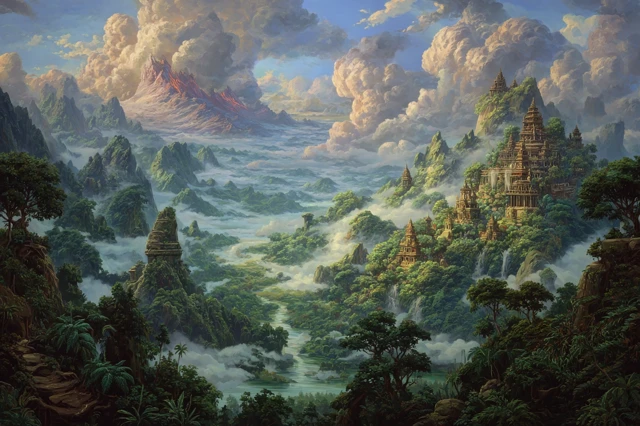 Fantasy Landscape Painting with Volcano and Temples