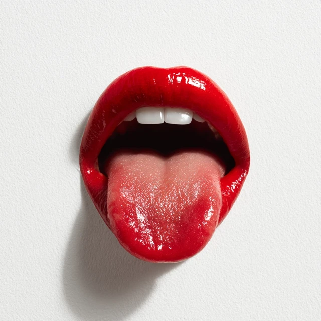 Red Lips Glossy Wide Mouth Tongue Textured White Background