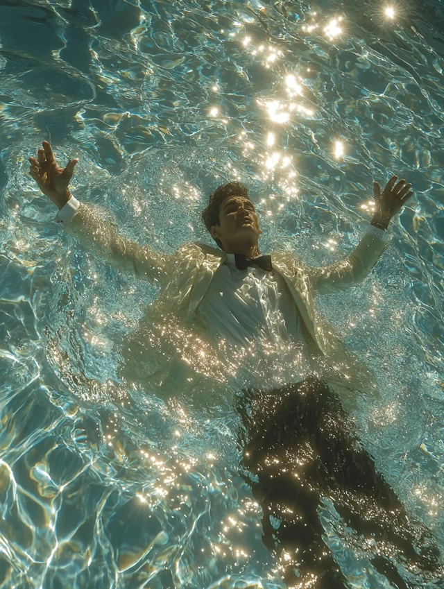 Man in Suit Floating Underwater Artistic Photo