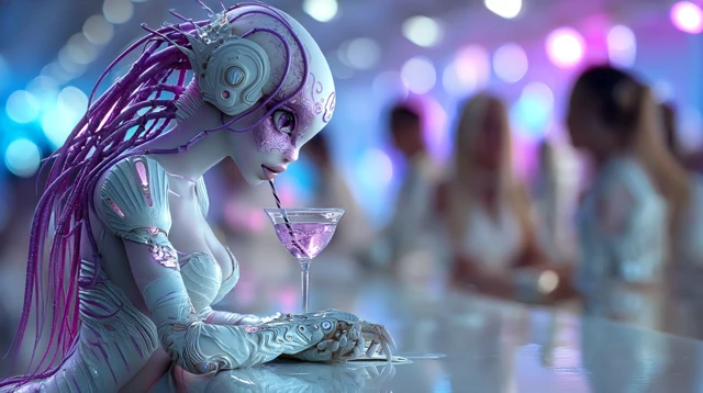Alien Girl at Bar Drinking Martini