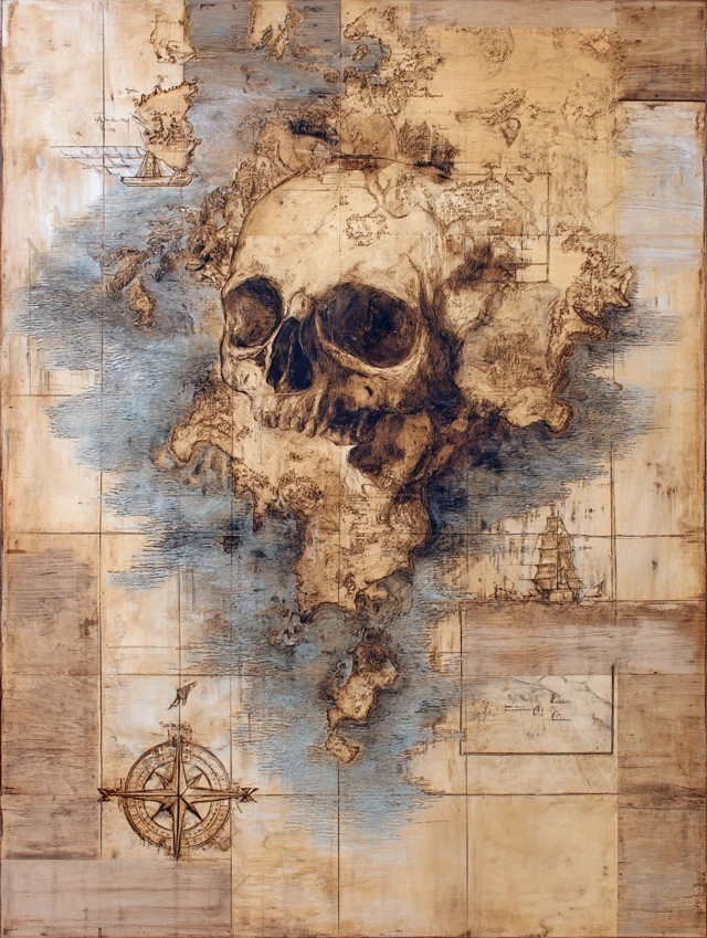 Boho Pirate Map Artwork with Skull and Ship