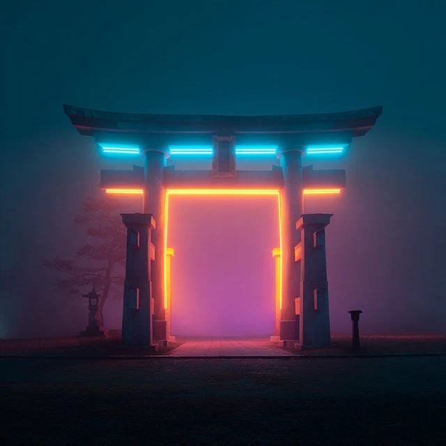 Neon Torii Gate in Foggy Landscape