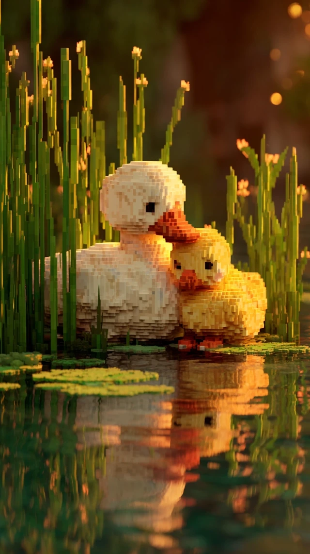 Minecraft Pixel Ducks Embracing by a Lake